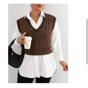SHEIN Brown Cable Knit V-Neck Sweater Vest
